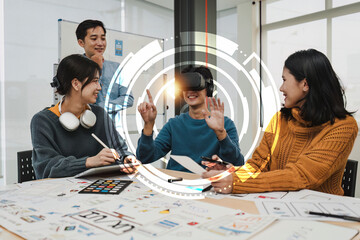 Creative teamwork using high tech headset for virtual reality. Team of ux developer and ui designer brainstorming interface