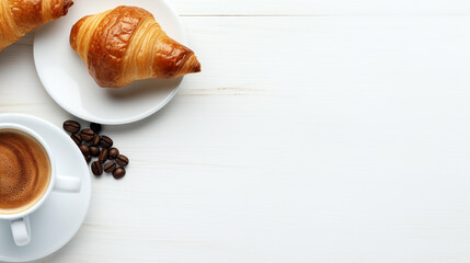 cup of coffee with croissants on wooden table top view. Generative Ai. 