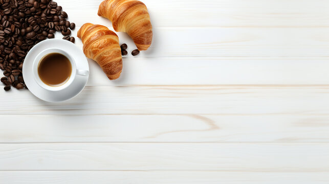 cup of coffee and croissant on wooden table, top view. Generative Ai. 