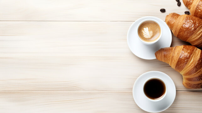 cup of coffee with croissants on a wooden table. Generative Ai. 