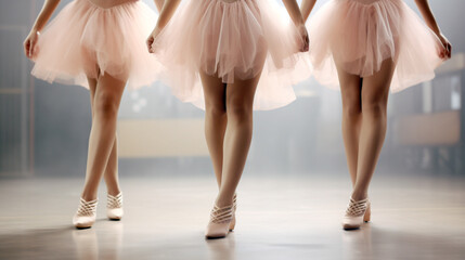 legs of three ballerinas standing in a ballet pose close-up. Generative Ai. 