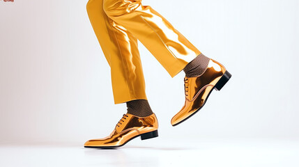 legs of a professional dancer in golden trousers and shoes on a white background. Generative Ai. 