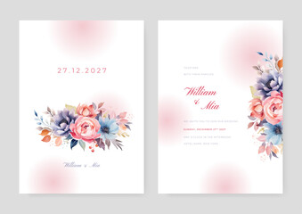 Modern wedding invitation card template set with flower bouquet watercolor painting