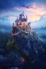 Fototapeta na wymiar Fairy tale castle on the hill in the night. Magical scene. Fantasy wallpaper. 