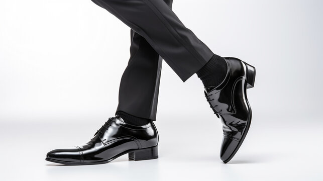 legs of patent leather shoes of a professional ballroom dancer on a white background. Generative Ai. 