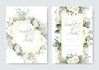 Fototapeta na wymiar Watercolor wedding invitation template set with floral and leaves decoration.