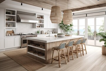 Fototapeta na wymiar Amazing Luxury Kitchen Interior in white with wooden floor and kitchen island. Generative AI