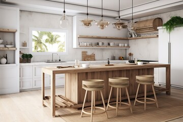 Amazing Luxury Kitchen Interior in white with wooden floor and kitchen island. Generative AI