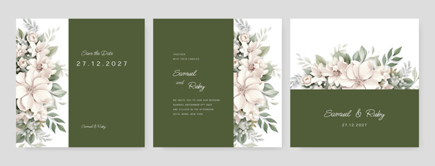 Fototapeta na wymiar Card with flower, leaves. Hand drawn floral wedding invitation card with frame premium vector.