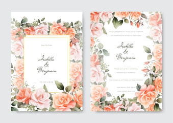 Fototapeta premium Watercolor wedding invitation template set with floral and leaves decoration.