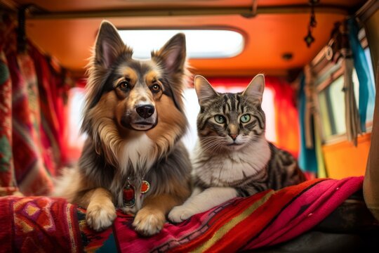 Cat and dog inside a camper van. Generative AI image