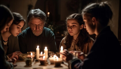 Multi generational family bonding over candlelight celebration generated by AI