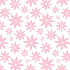 Abstract vector pattern with pink flowers on white background.