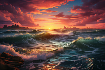 Fototapeta na wymiar The sea landscape bathed in the fiery glow of a mesmerizing sunset Generative AI
