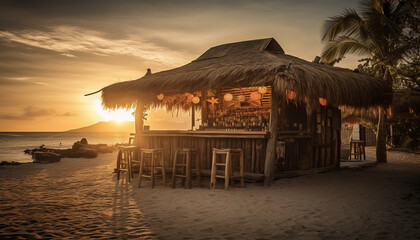 Fototapeta premium Tropical hut on sandy beach at dusk generated by AI