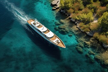 Fototapeta premium Top view of a white boat sailing to the blue sea. Motor boat in the sea. Travel - image. Aerial.