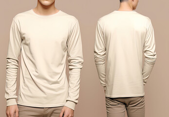 Man wearing a beige T-shirt with long sleeves. Front and back view