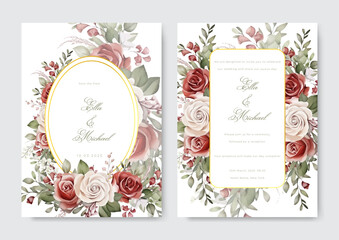 Fototapeta na wymiar Elegant wedding invitation template with watercolor flower and leaves.