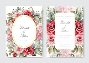 Elegant wedding invitation template with watercolor flower and leaves.