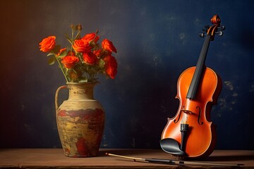 Fototapeta na wymiar Still life with a violin and a bouquet of red roses. Generative AI technology.