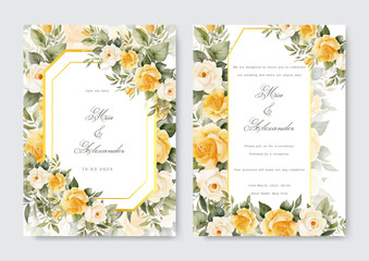 Elegant wedding invitation template with watercolor flower and leaves.