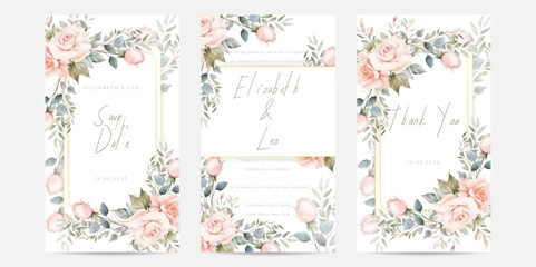 Fototapeta na wymiar Elegant wedding invitation template with watercolor flower and leaves.