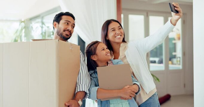 Parents, girl and selfie for moving, boxes and memory in family house for post, social media app or blog. Happy father, mother and daughter with smile, profile picture and photography in new home
