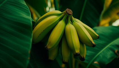 Ripe banana on green leaf in tropical climate generated by AI