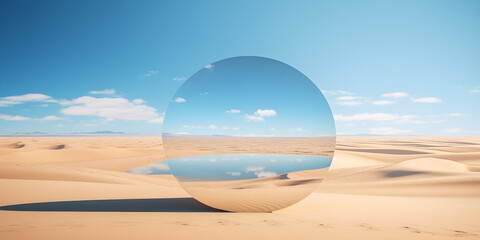 Panoramic landscape with sand dunes water and flat round mirror - obrazy, fototapety, plakaty