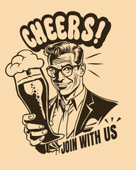 retro style man holding beer glass, poster retro cheers international beer day with typography 