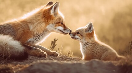 Fototapeta premium Adult and little Fox interacting