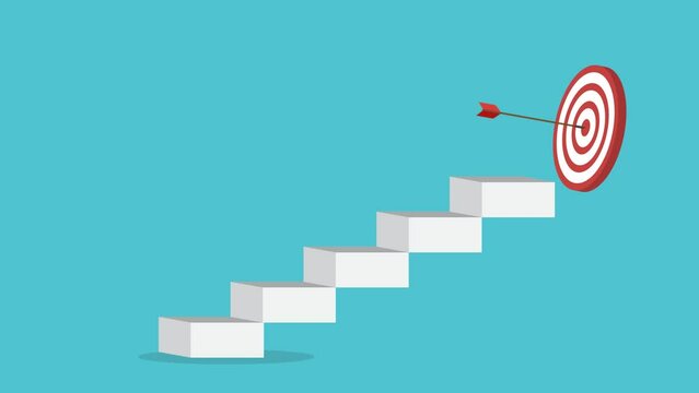 Goal, motivation to success. Climb up stairs to reach goal target on the top.