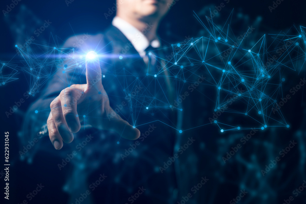 Poster future network concept hand touching the metaverse universe, a conceptual shift in digital transform