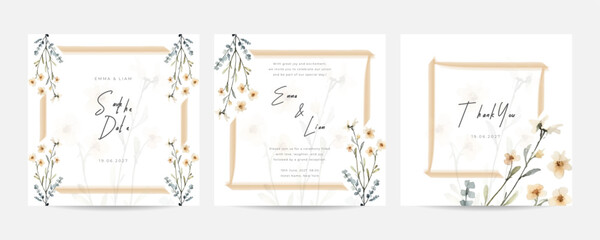 double sided wedding invitation template with elegant watercolor browns roses