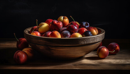Organic fruit bowl on rustic wooden table generated by AI