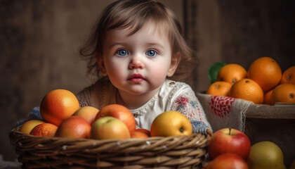 Fototapeta na wymiar Smiling baby girls sitting with organic fruit generated by AI