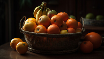 Ripe citrus fruit basket on rustic wooden table generated by AI