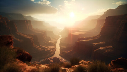 Majestic sunrise over eroded sandstone cliff ravine generated by AI