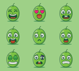 Cute and kawaii olives fruits character emoticon expression illustration set
