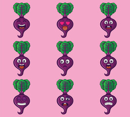 Cute and kawaii beetroot character emoticon expression illustration set