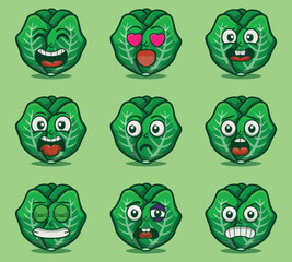 Cute and kawaii brussel sprout character emoticon expression illustration set