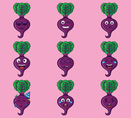 Cute and kawaii beetroot character emoticon expression illustration set