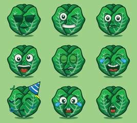 Cute and kawaii brussel sprout character emoticon expression illustration set