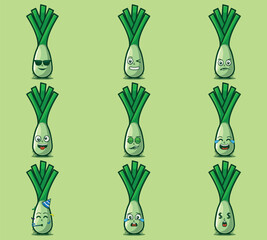 Cute and kawaii leeks character emoticon expression illustration set