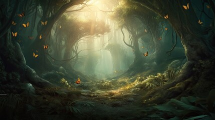 wide panoramic of fantasy forest with glowing butterflies in forest - obrazy, fototapety, plakaty