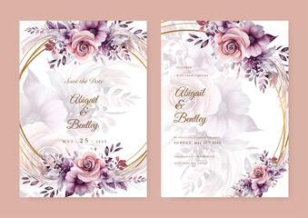 Premium fall wedding invitation card template. Watercolor card with gold line art, flower hand drawn.