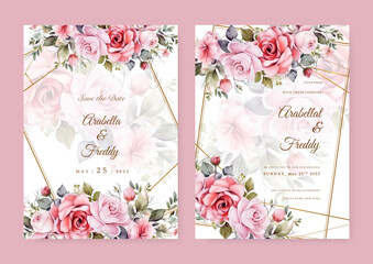 Summer Wedding invitation card set template with flowers and leaves watercolor