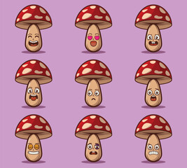 Cute and kawaii mushroom character emoticon expression illustration set