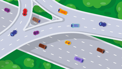 Top view of highway junction. Road interchange or highway intersection with busy urban traffic. vector illustration