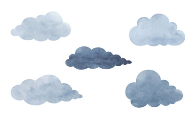 Set of watercolor clouds in gray color isolated on white background. Drawn by hand. Textured watercolor stain on paper. Element for design and decoration.